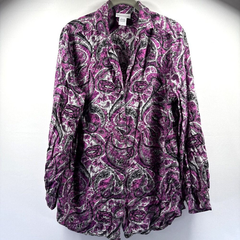 Soft Surroundings Women's Top Blouse Size‎ Large Pink Paisley Button Up Pleated